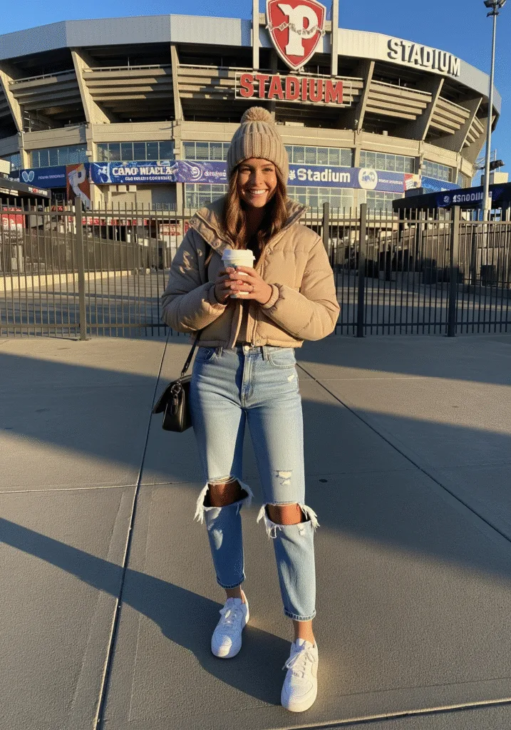 Beige puffer jacket with ripped jeans