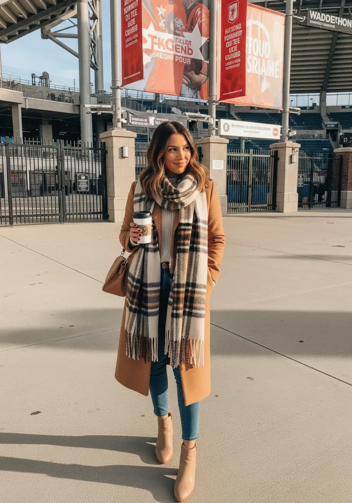Camel coat with plaid scarf and ankle boots