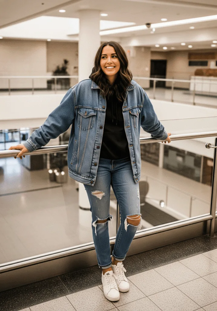 Denim jacket layered over hoodie