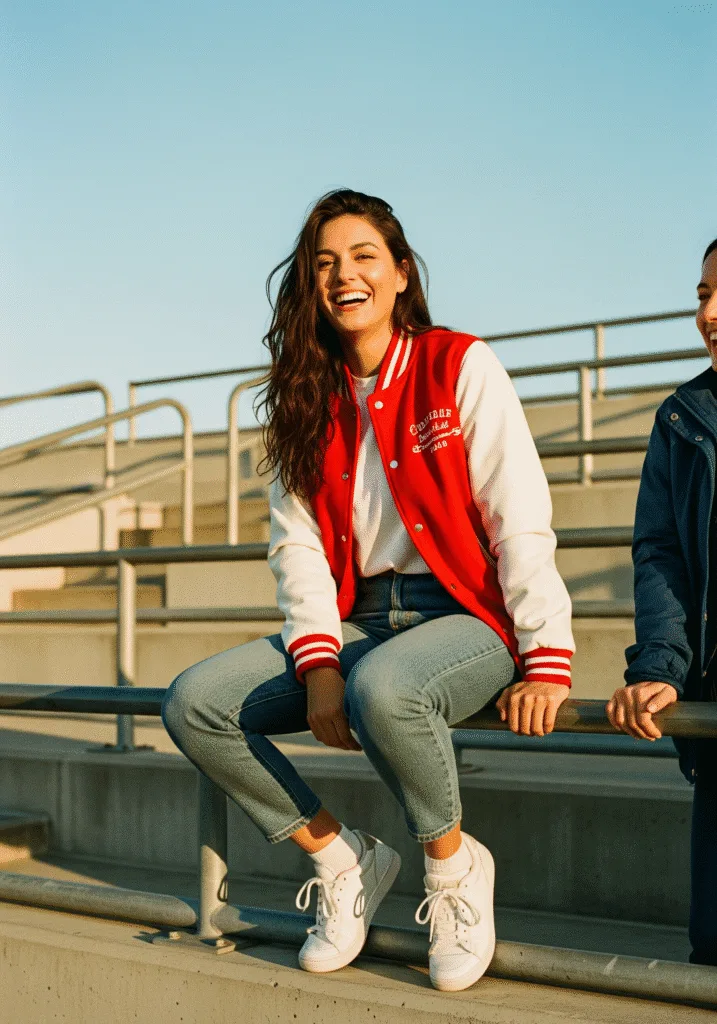 Red varsity jacket with jeans