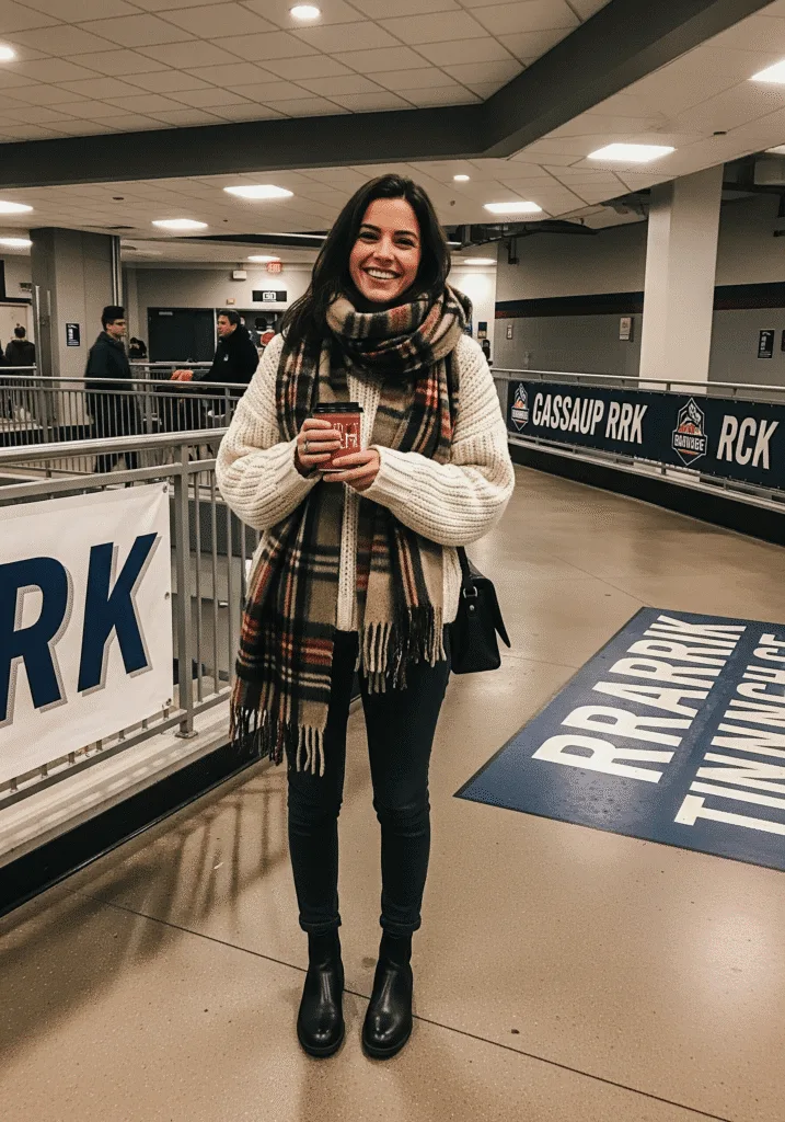 Chunky knit with plaid scarf and boots