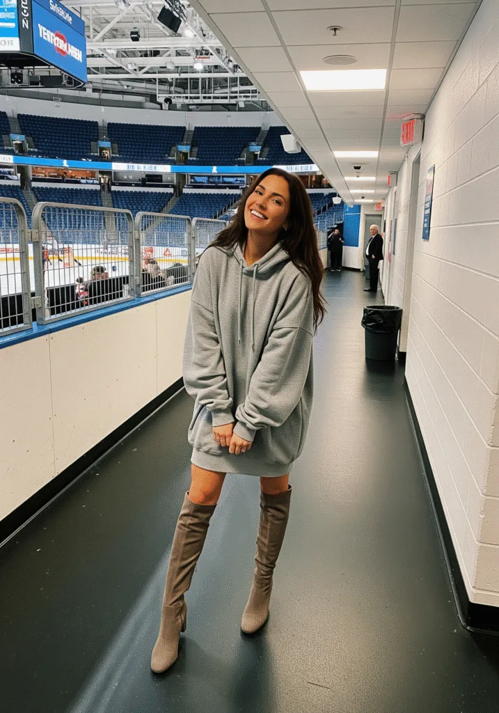 Hoodie dress with knee-high boots