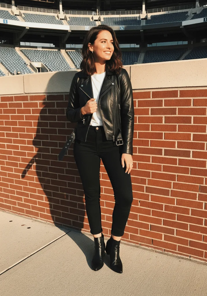 Leather moto jacket with slim jeans