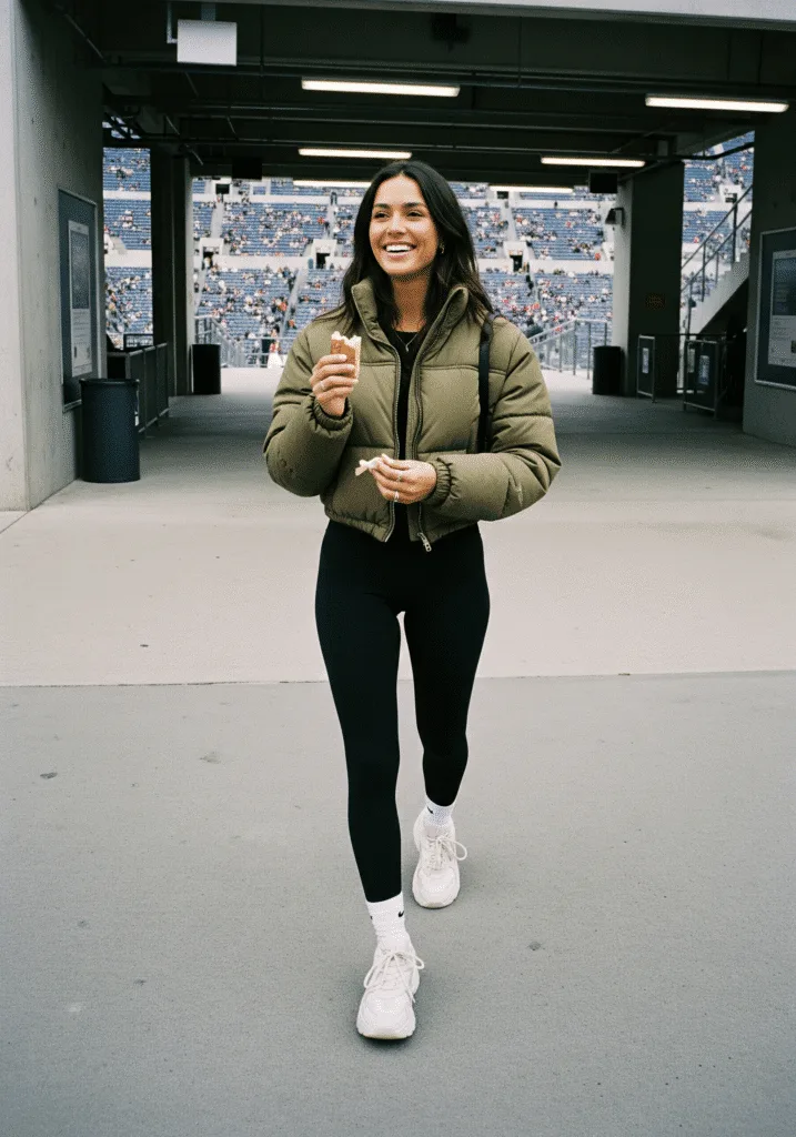 Cropped puffer with leggings and chunky sneakers