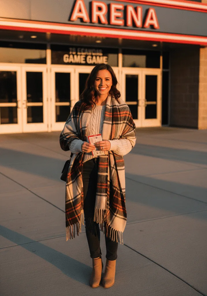 Oversized plaid blanket scarf with jeans