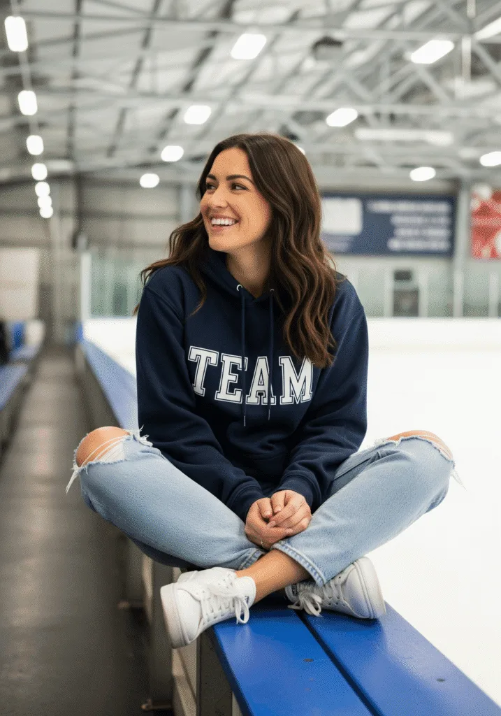 Team hoodie with distressed jeans
