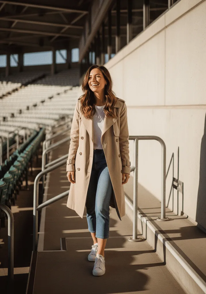 Beige trench coat with sneakers