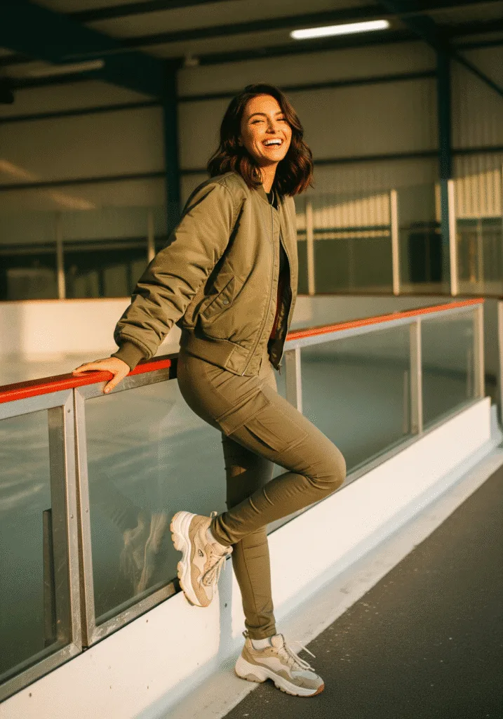 Olive bomber jacket with cargo pants