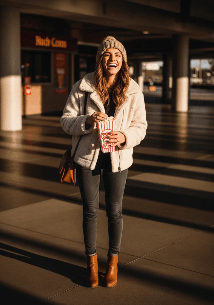 Sherpa jacket with beanie and jeans