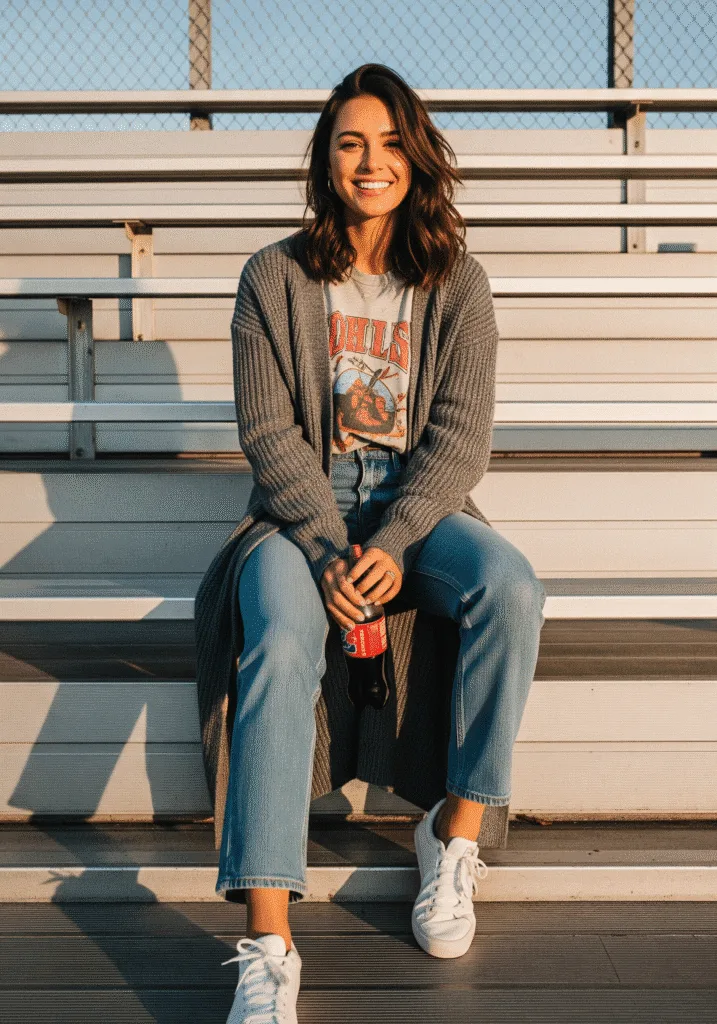 Long cardigan with graphic tee and jeans
