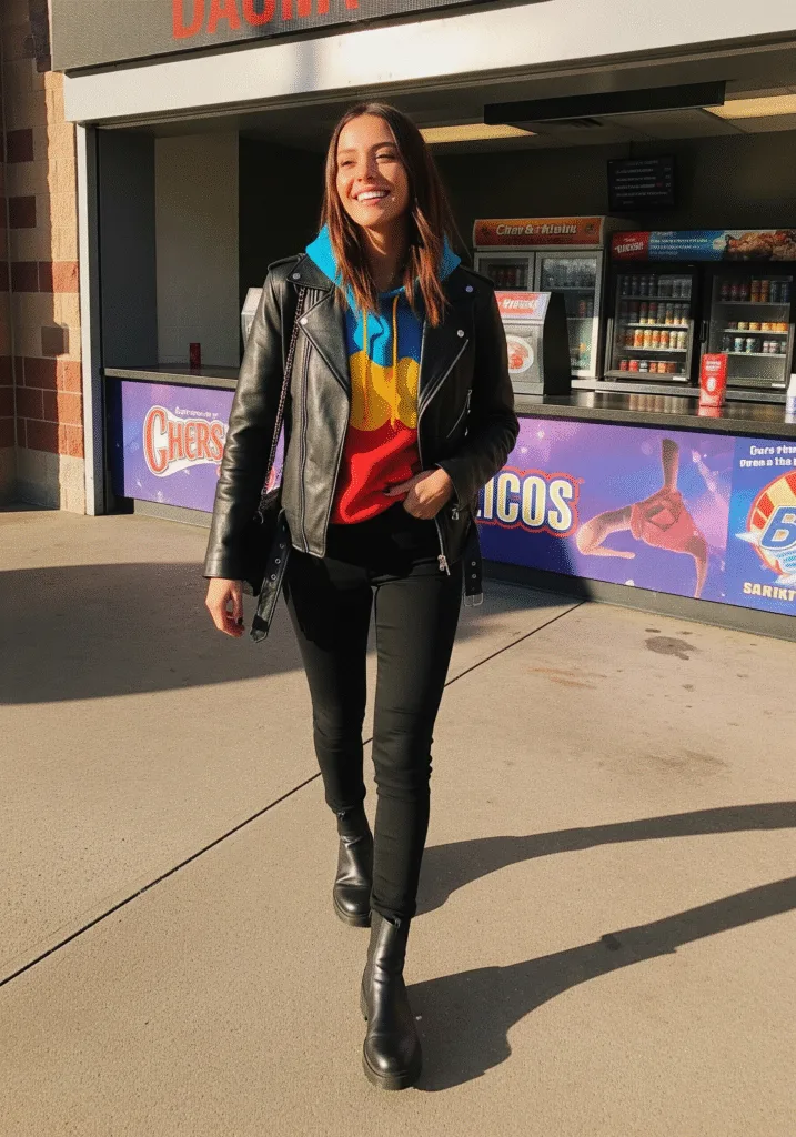 Hoodie under leather jacket with black jeans