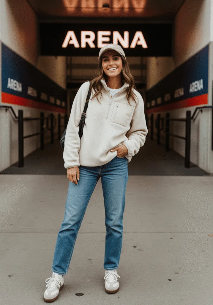 Fleece zip-up with straight jeans and cap