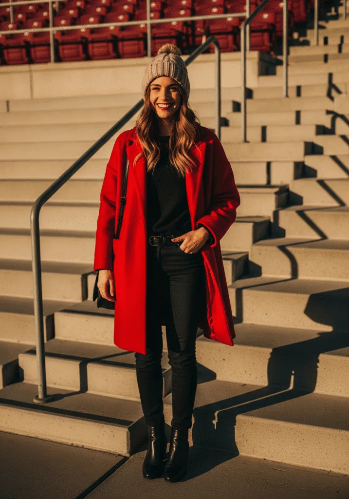 Bright color coat with knit hat