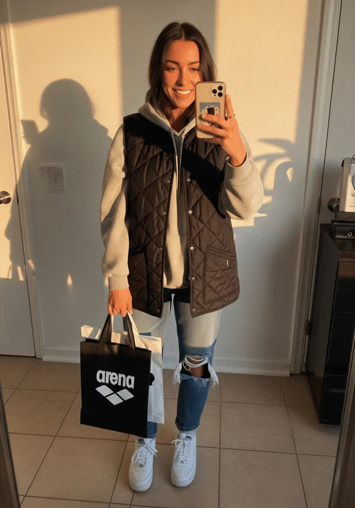 Quilted vest layered over hoodie