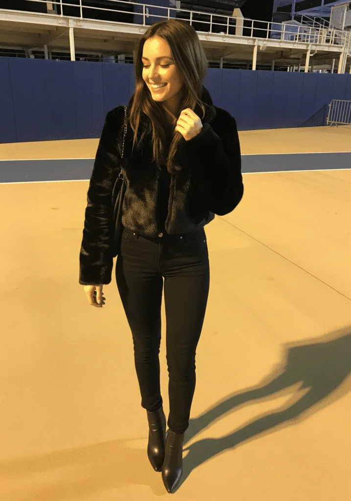 Faux fur coat with skinny jeans and boots