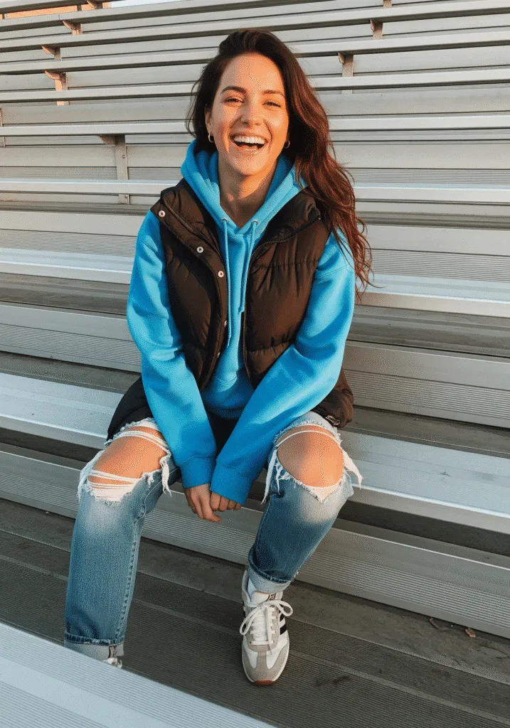 Bright hoodie with puffer vest and ripped jeans