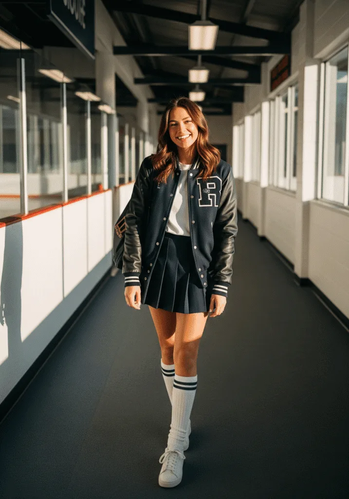 Varsity jacket with pleated skirt and knee socks