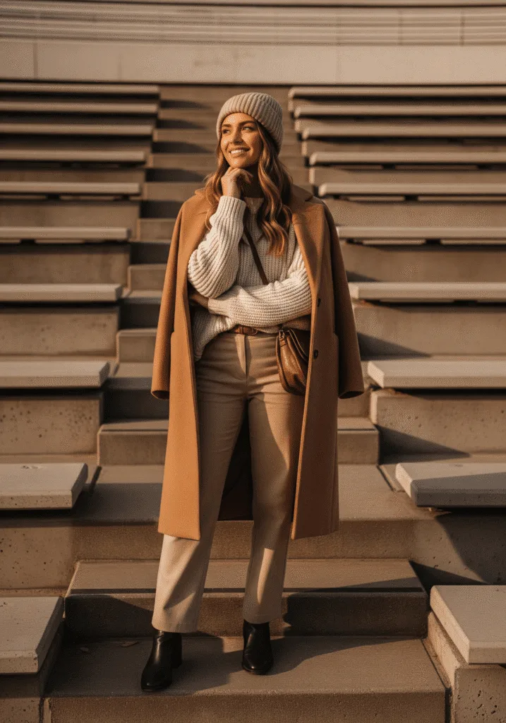 Neutral layered outfit with beanie