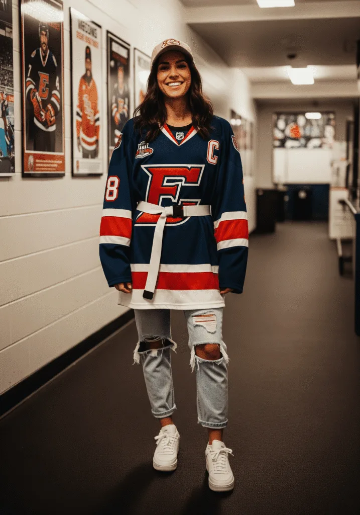 Belted jersey with distressed jeans and cap