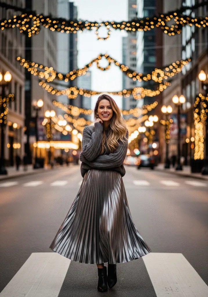 Metallic Pleated Skirt Xmas Outfit