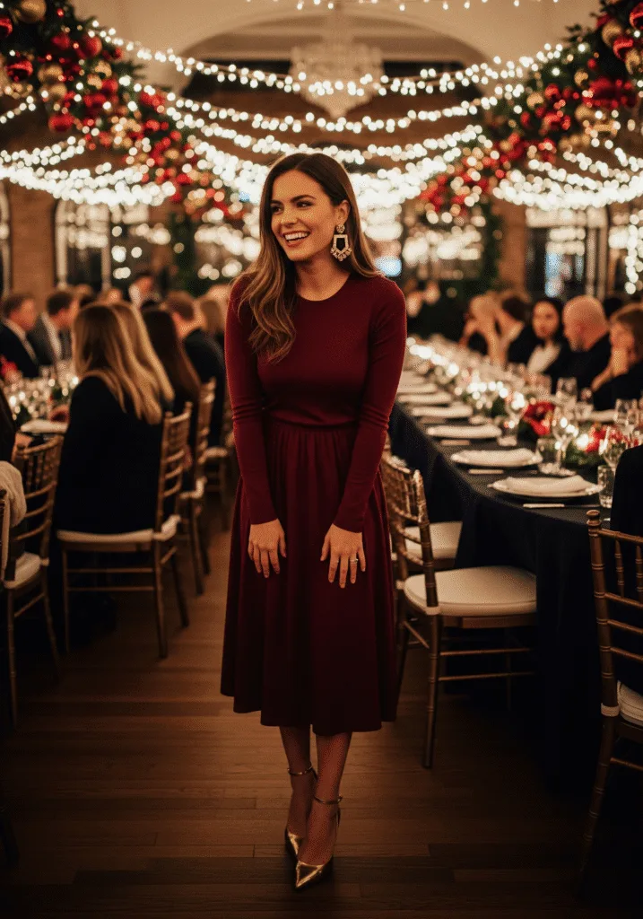 Burgundy Dress with Gold Heels