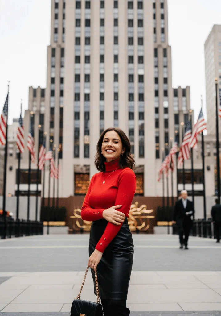 Red Turtleneck and Leather Skirt