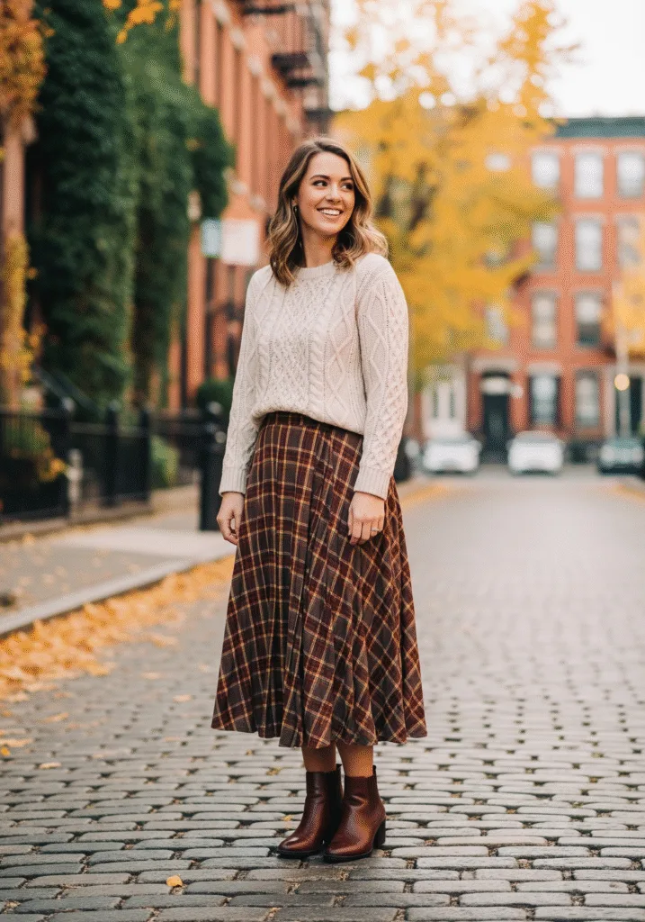 Cream Knit Sweater and Plaid Skirt
