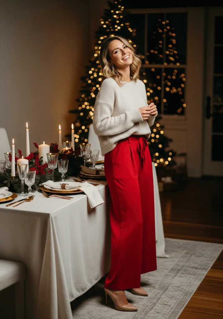 Red Wide Leg Pants Holiday Look