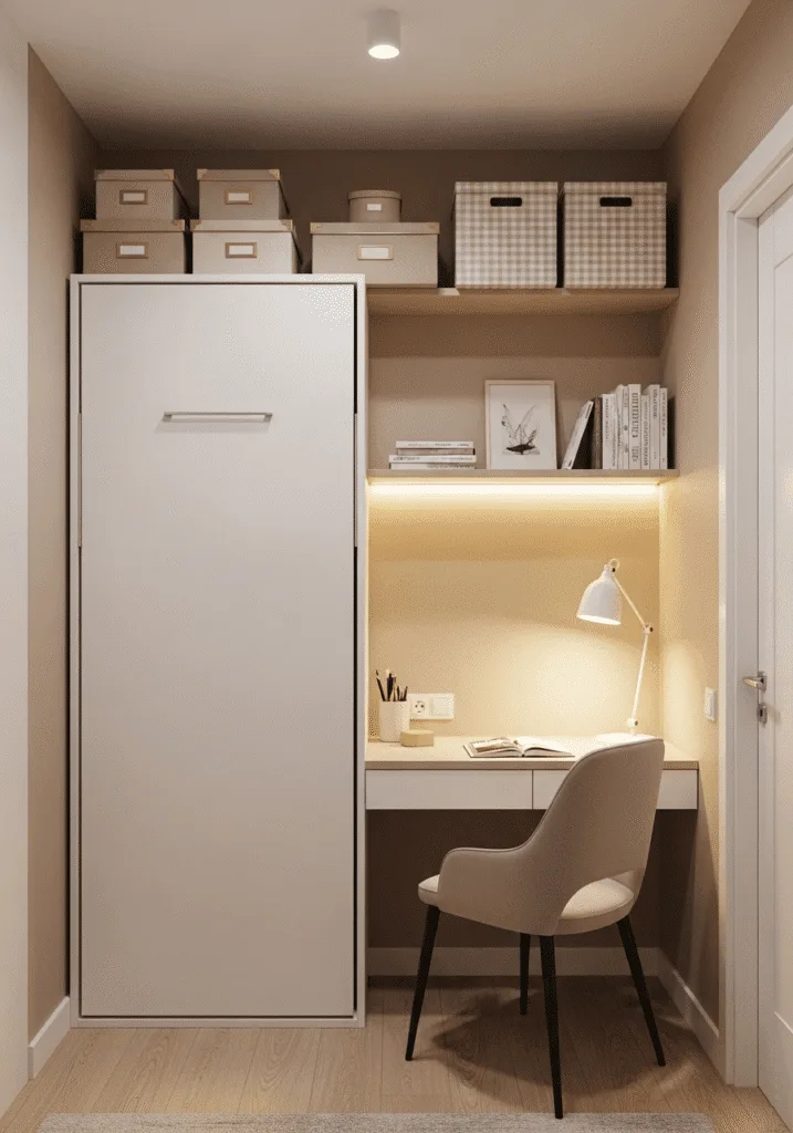 Murphy bed folded up against the wall in a small room