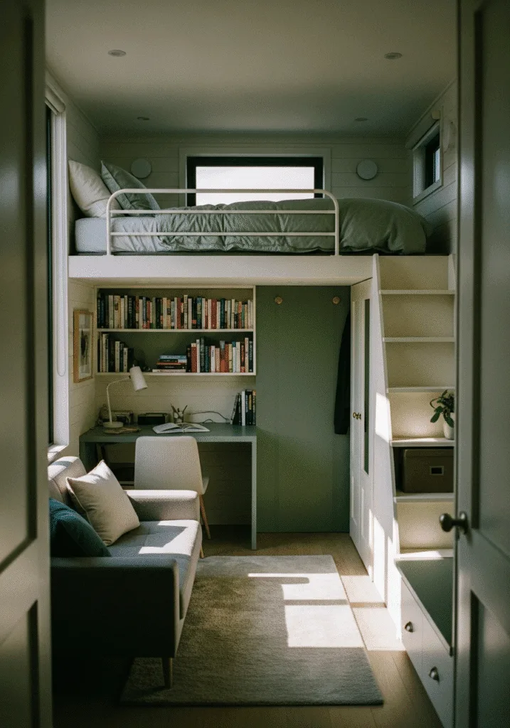 Small bedroom divided into functional zones with rugs and shelving