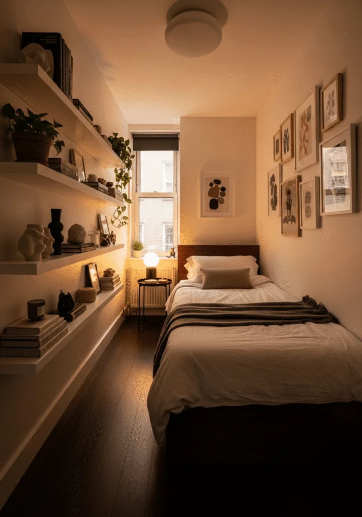 Narrow bedroom designed with vertical artwork and shelves