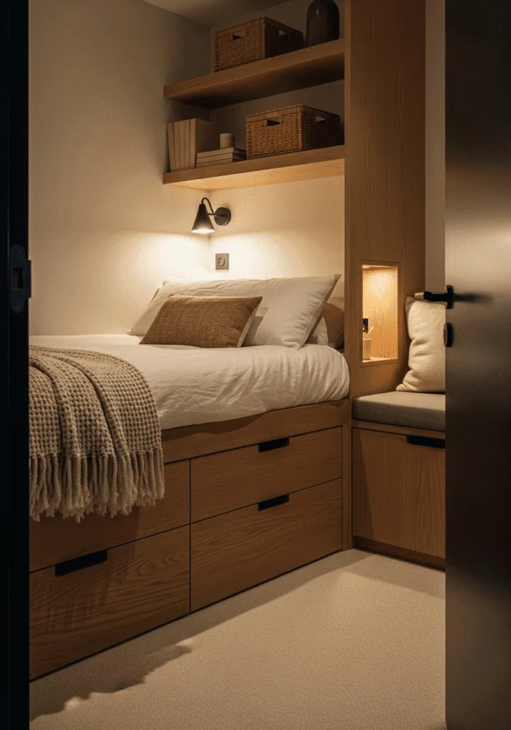 Under-bed drawers and wall baskets providing smart storage in small bedroom