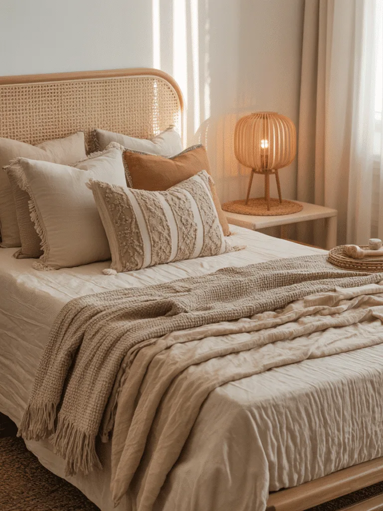 Rattan headboard with layered bedding