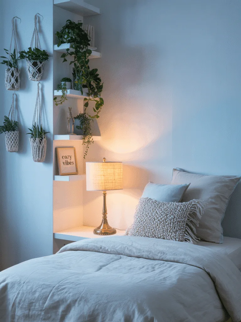 Floating shelves with macramé accents