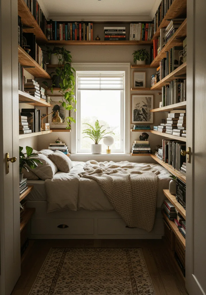 Wall shelves in a tiny bedroom
