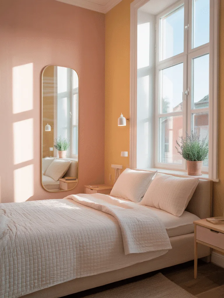 Bright bedroom with mirror