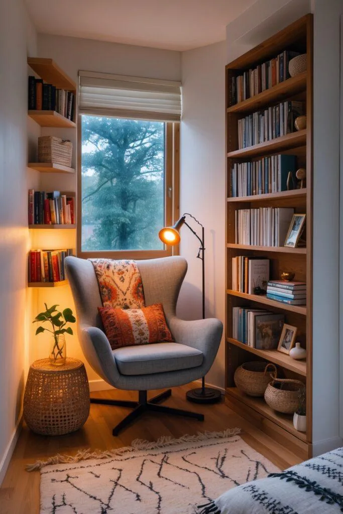 cozy reading nook with armchair and bookshelf