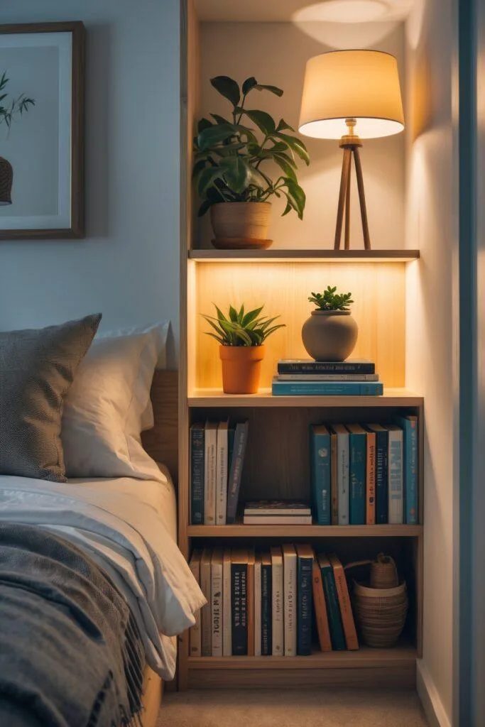 corner bookshelf used as bedside table