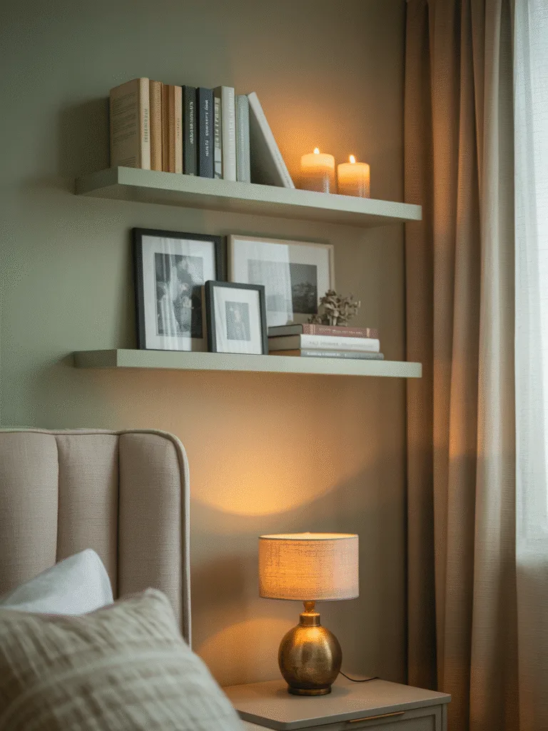 floating shelves above headboard