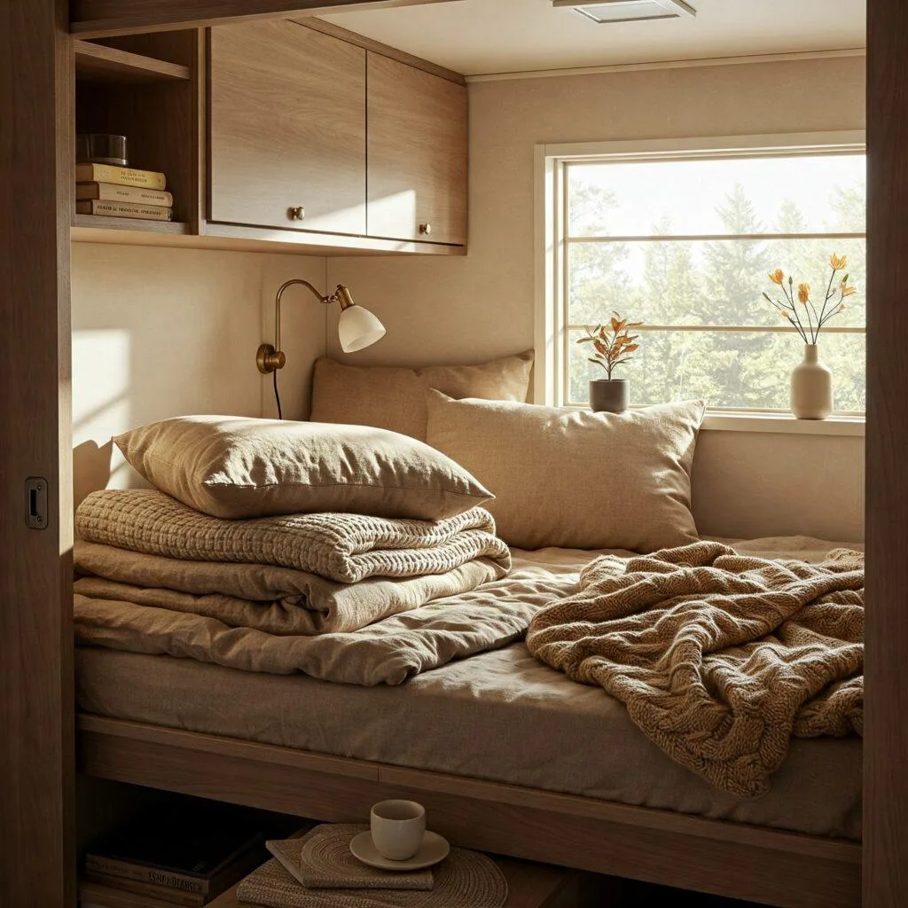 Area rug anchoring a bed