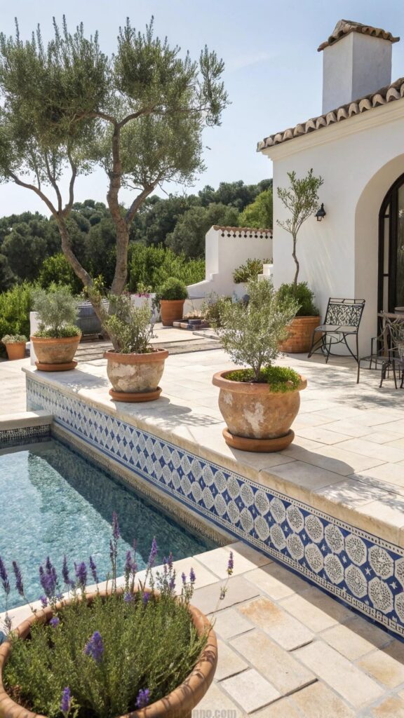 Mediterranean backyard with terracotta and olive trees