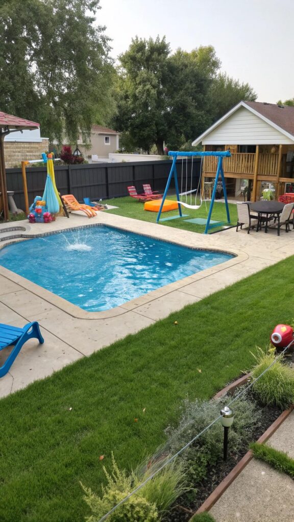 Family-friendly backyard with pool and play area