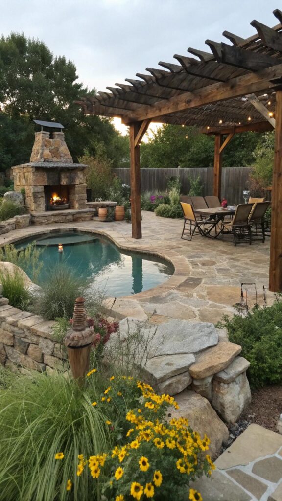 Rustic pool and backyard landscape with stone and wood