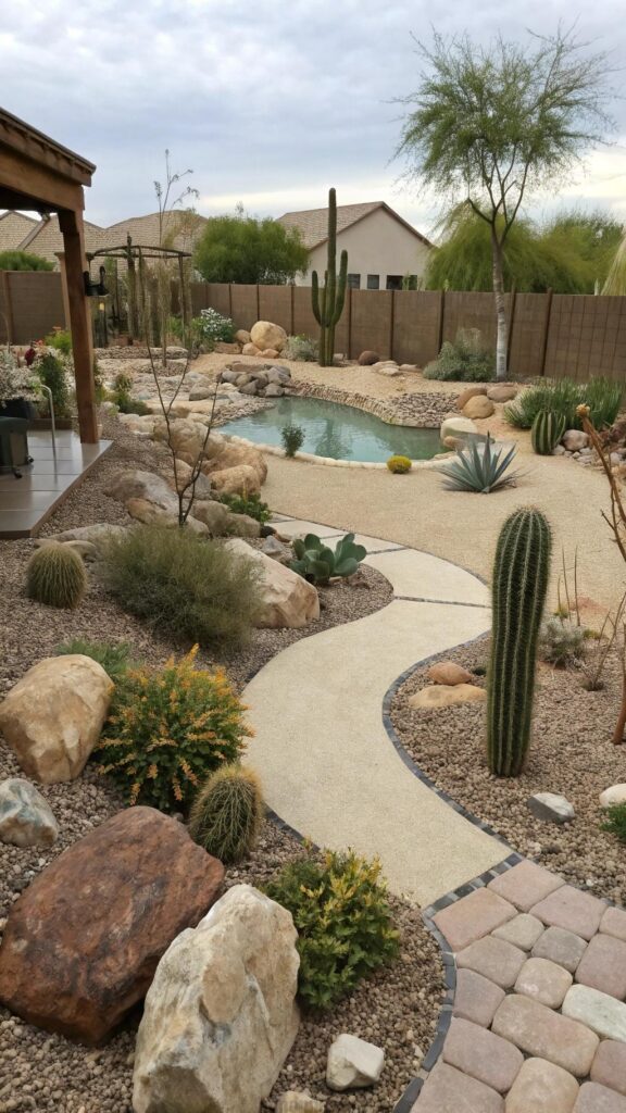 Desert backyard landscaping with drought-tolerant plants