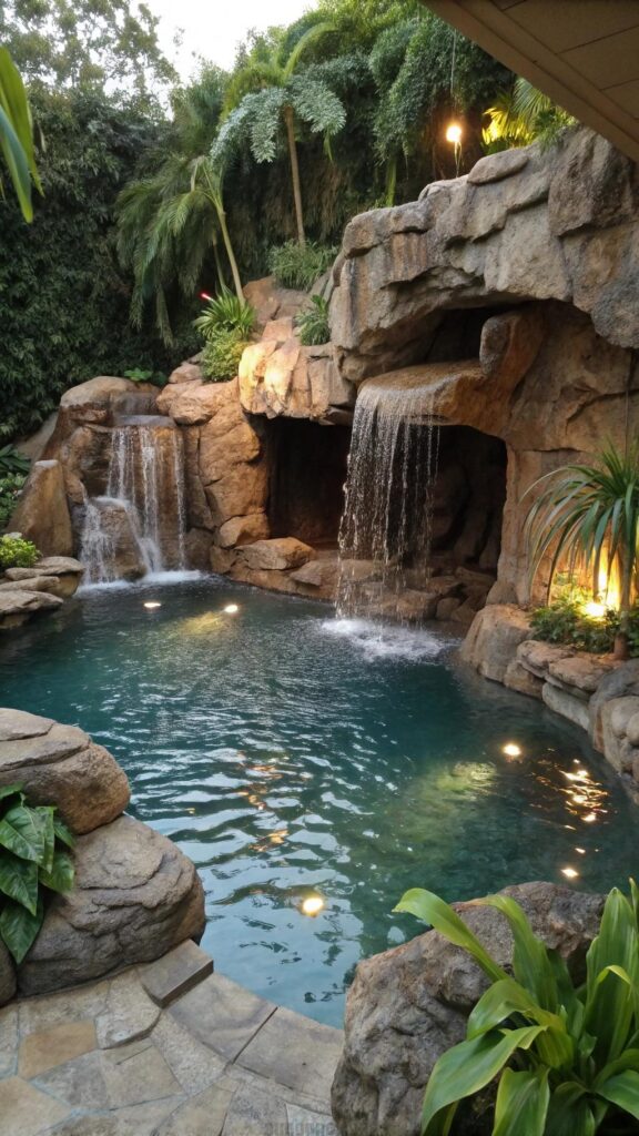 Backyard pool with grotto and waterfall