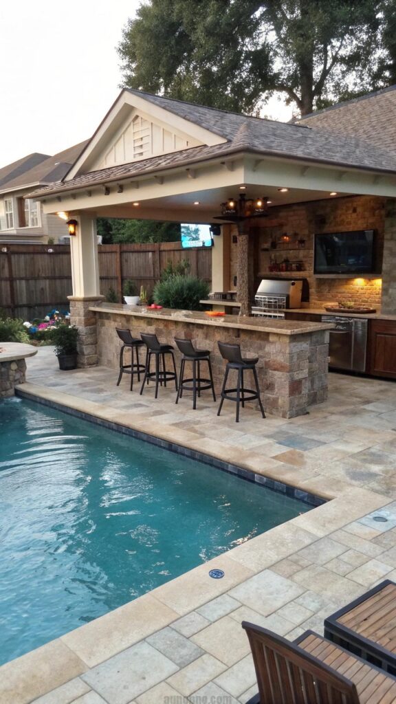 Swim-up bar in backyard pool