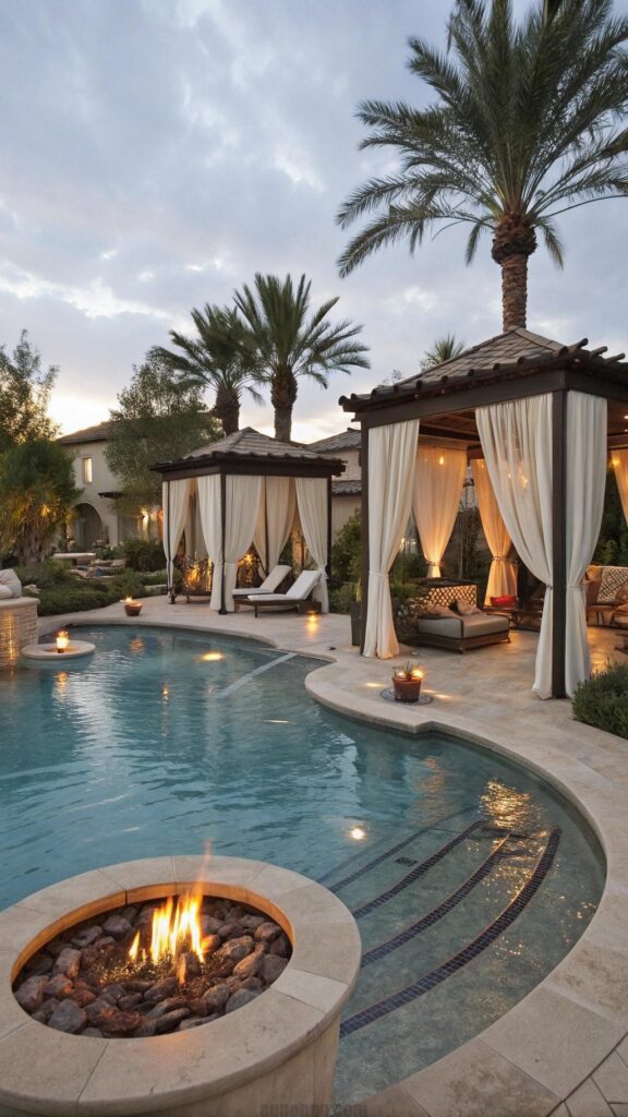 Resort-style backyard pool with cabanas and fire features