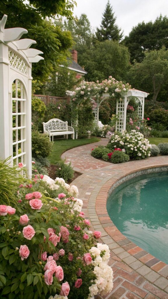 English garden backyard with roses and arbor