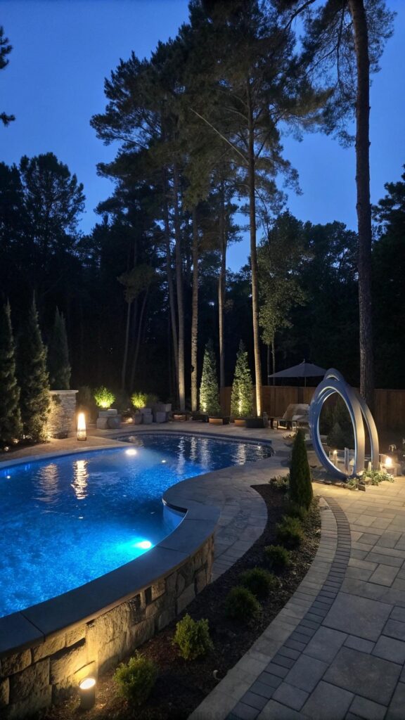 Architectural lighting in backyard pool area