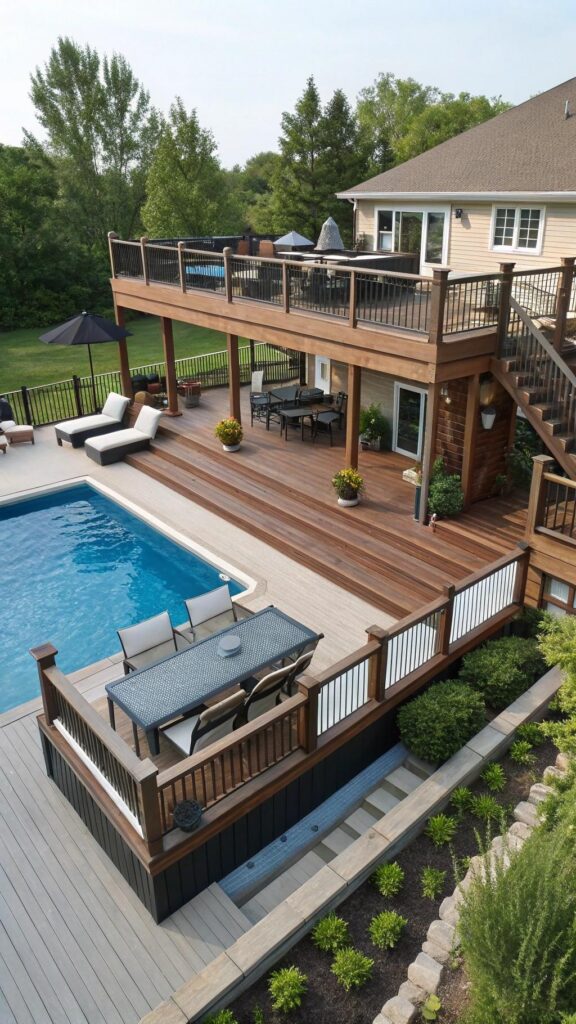 Multi-level decking for backyard pool areas